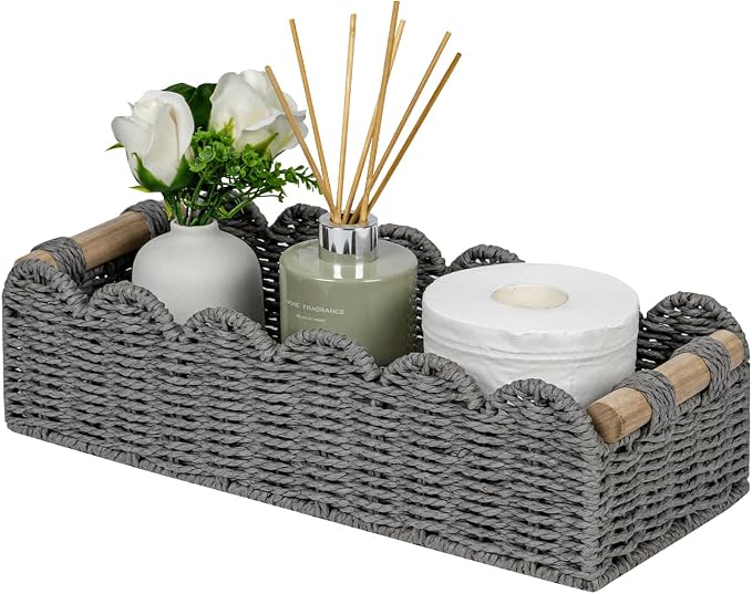 CubesLand Scalloped Toilet Paper Storage Basket W/Handle for Home Decor | Paper Rope Toilet Organizer Basket for Countertop, Over Toilet Shelf, End Table, Living Room Cozy Decorative & More, Grey