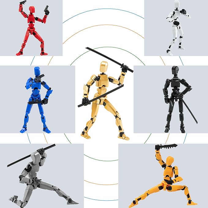4PCS Assembled Titan T-13 Action Figures Set Lucky Dummy Nova 13 Action Figure Robot Stick Figures Fidget Toys for Boys Multi Movable Joints Gifts Toys for Kids (Golden+White+Blue+Black)