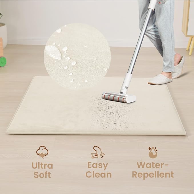 Huloo Sleep Baby Play Mat for Floor,1.3" Thick Elasti-Foam 50"×50" Playpen Mat for Tummy Time,Water Repellent Soft Coral Velvet for Toddler,Infant,Kids,Non-Slip Backing Safe for Crawling(Cream)