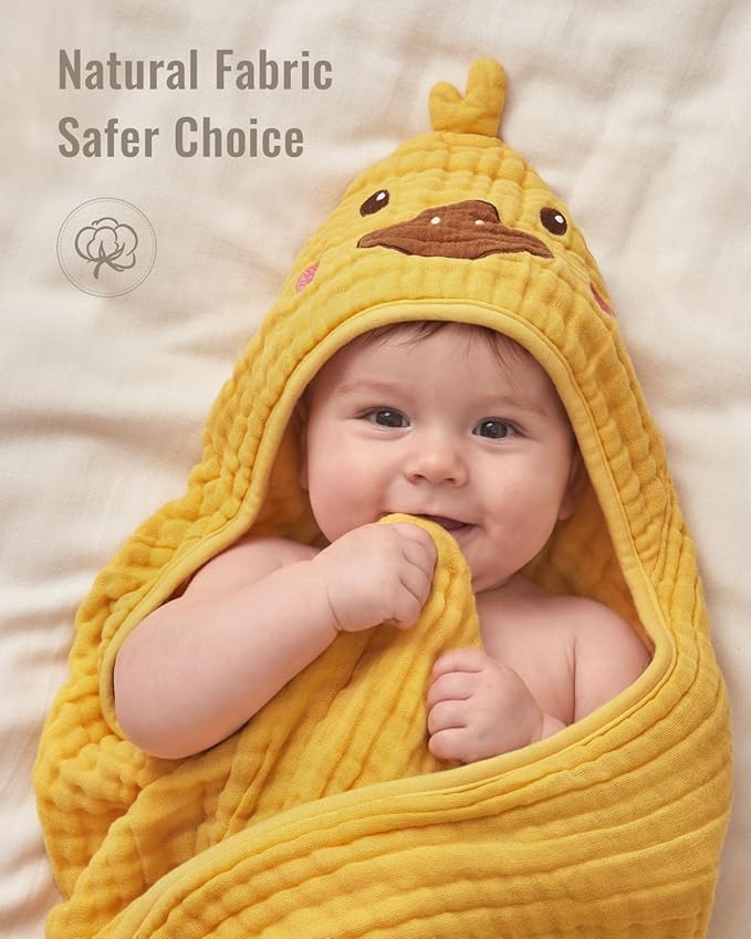Blissful Diary Muslin Baby Hooded Towel 2 Pack, Soft & Absorbent Bath Towel for Infant, Toddler, Unisex, Baby Gift, Newborn Essentials, Sunny Duck & Gentle Lamb