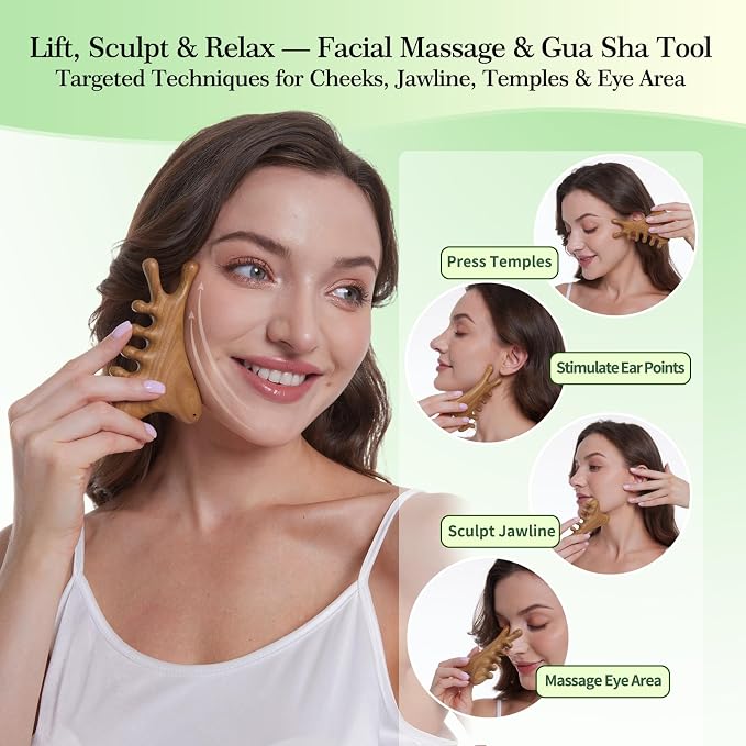 4-in-1 100% Green Sandalwood Massage Comb & Gua Sha Tool | 100% green sandalwood; 4-in-1 wooden scalp massager with smooth rounded edges; gift box, storage pouch and cord included