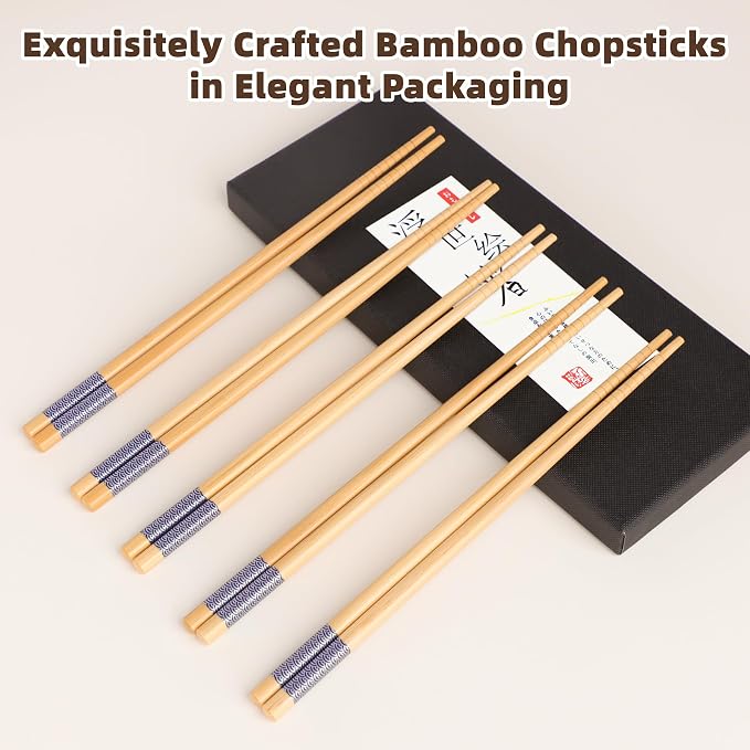 Antner 5 Pairs Bamboo Chopsticks Reusable Japanese Style Chopstick Gift Sets, Classic Natural Bamboo Chop Sticks Dishwasher Safe, 8.8 Inch/22.5cm