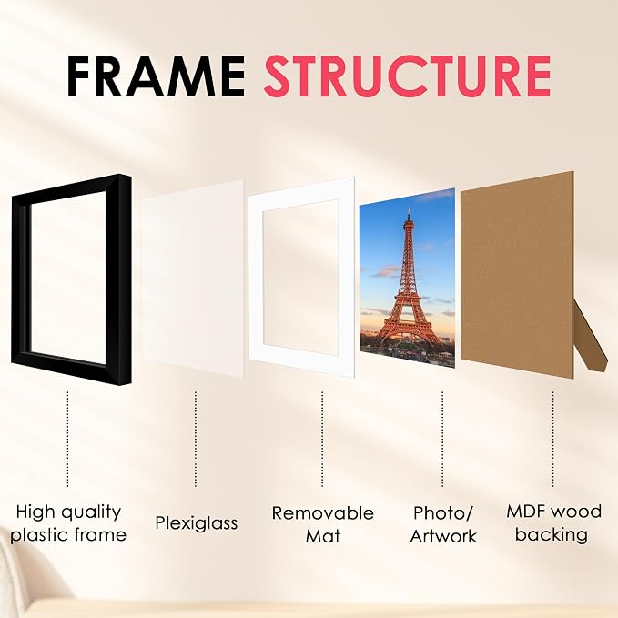 8x10 Picture Frame, Black Photo Frame with HD Plexiglass, Display Pictures 5x7 with Mat or 8x10 Without Mat, Picture Frames Collage for Tabletop or Wall Display, 2 Pack