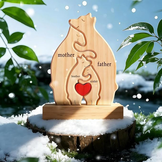 Personalized Wooden Bear Family Puzzle with 2-6 Names - Custom Animal Art Figurine with Red Heart Centerpiece - Cute for Mom Grandma (Rustic Home Decor)