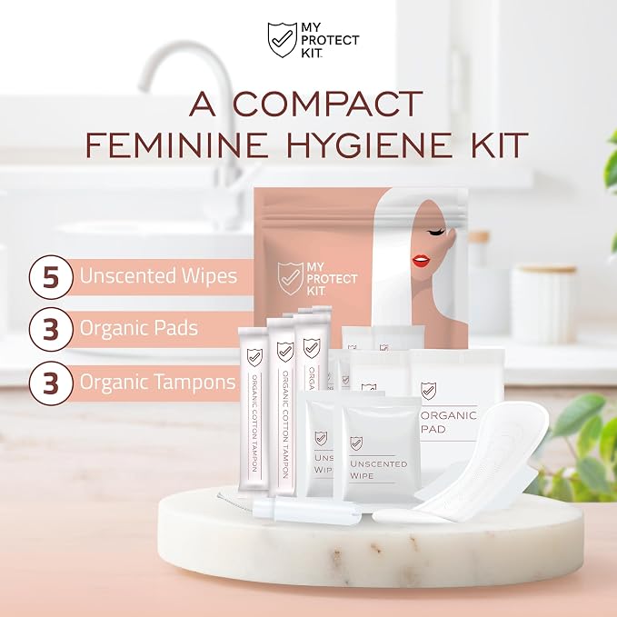 MY PROTECT KIT Feminine Care Kit - 11 Pieces First Period Kit, Compact Hygiene Set for Women, Essentials with Organic Cotton Tampons, Organic Pads & Wipes, Pack of 1