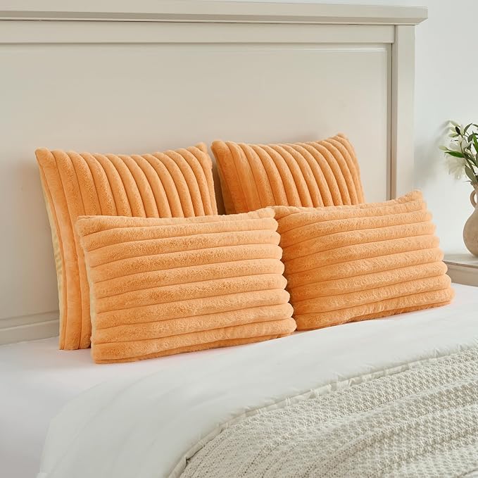 FUTEI Pack of 2 Faux Fur Throw Pillow Covers 12x20 Inch, Orange | Fluffy Faux Rabbit Fur Front/Premium Velvet Back,Hidden Zipper,Machine Washable,Non-Shedding,Colorfast,Insert Not Included.