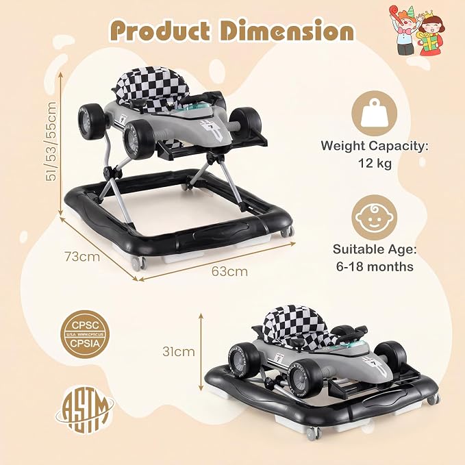 HONEY JOY Baby Walker, 4-in-1 Foldable Infant Activity Push Walker, Toddler Car Walker with Adjustable Heights, Music, Lights, Padded Seat, Baby Walker with Wheels for Boys Girls 6-18 Months (Gray)