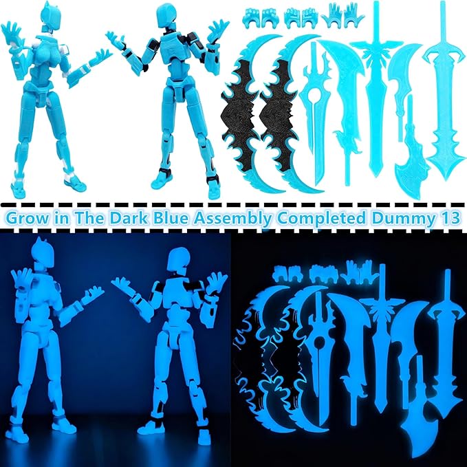 T13 Action Figures (Grow in The Dark Blue) Titan 13 Action Figures 3D Action Figure Set Already Assembled Dummy 13 Nova T-13 Robot Printed Multi-Jointed Movable Toy (Blue Black + Blue White)