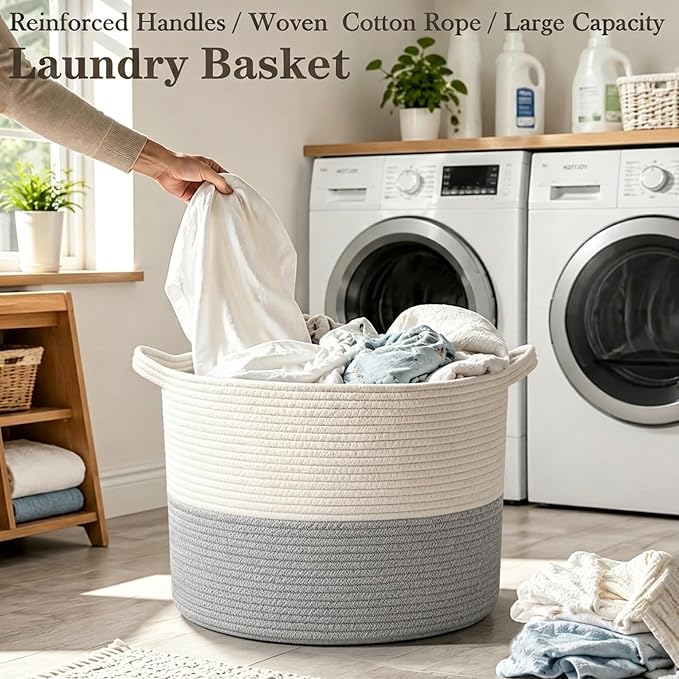 90L Extra Large Blanket Basket,Woven Rope Laundry Basket-White&Grey | Collapsible, reinforced handles, nursery storage bin organizes clothes, toys and pillows for living room, bedroom bathroom