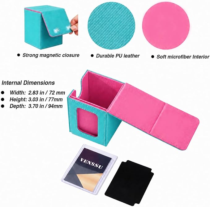 Venssu MTG Deck Box for Commander Display,Card Deck Box Fits 100 Double Sleeved Cards,TCG with 2 Dividers and 1 Toploader (Turquoise and Pink)