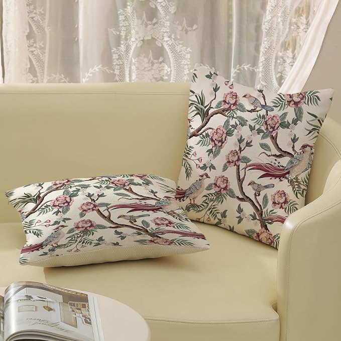 Chinoiserie Pillow Covers 18x18 Set of 2 Pink Green Bird Floral Throw Pillows Vintage Pink Flower Bird Decorative Pillow Cases Chinoiserie Decor Farmhouse Outdoor Cushion Case for Couch Sofa