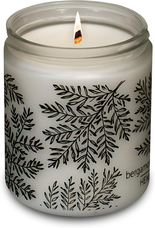 Hemlock Park Bergamot Cedar Frosted Scented Candle | Crackling Wood Wick, Botanical Fragrance & Coconut Apricot Wax | Up to 60 Hour Burn Time | 8 oz | Made in USA