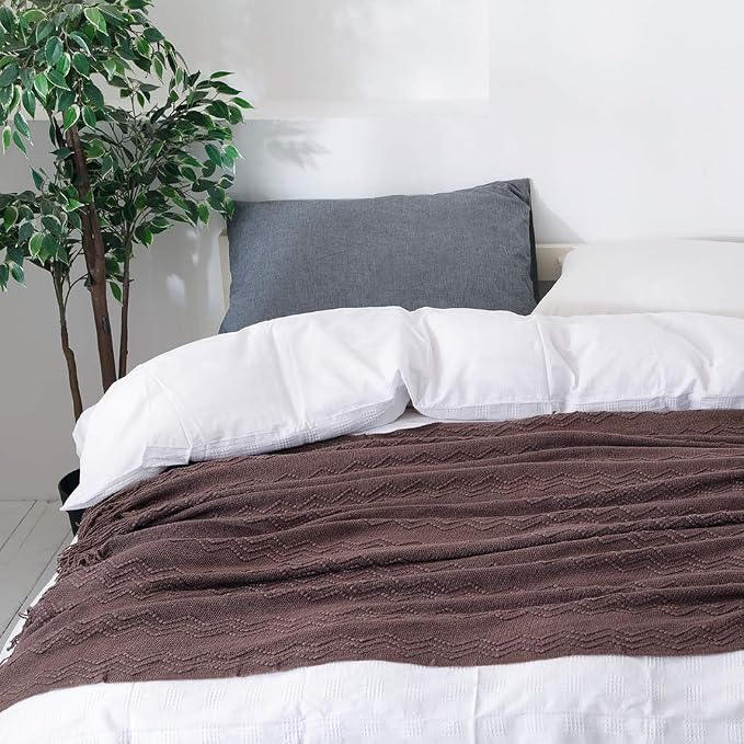 BOURINA Brown Throw Blanket 50x60 Inch Boho Knitted Soft Throw Sofa Blanket | Knitted Throw Blanket 50x60 Inches, Soft Lightweight Boho Weave Throw Decorative Couch Blanket for Living Room Bedroom Chair