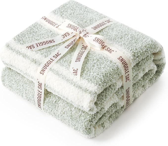 Snuggle Sac Heather Throw Blanket for Couch, Reversible Super Soft Blankets Warm Cozy Knit Fuzzy Plush Lightweight for Sofa, Bed, Camping, Picnic (Stripe Green, Twin (60"x80"))