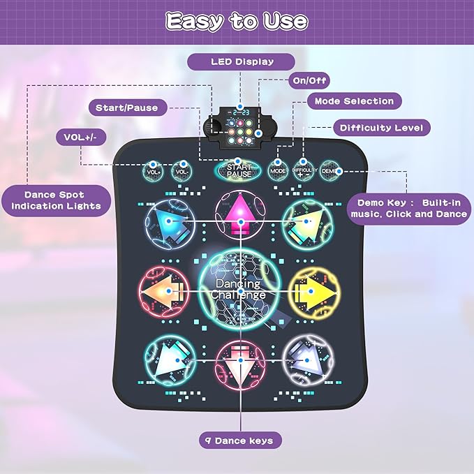 Upgraded Dance Mat Toys for Kids 3-12 Years, Electronic Dance Pad with Light-Up 9-LED Buttons, 3 Game Modes, Adjustable 7-Level Volume, Toys for Girls and Boys