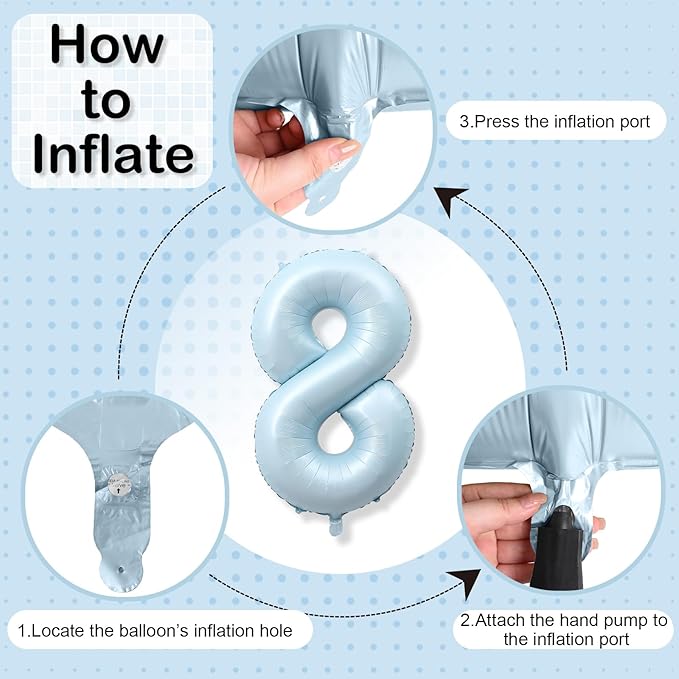 Foil 8 Balloon, Light Matte Blue Big Number 8 Balloons for Boys Birthday Party Decor, 40'' Mylar Helium Self Inflating Number 8 Pastel Baby Blue Balloon for 8th Birthday Party Anniversary Decorations