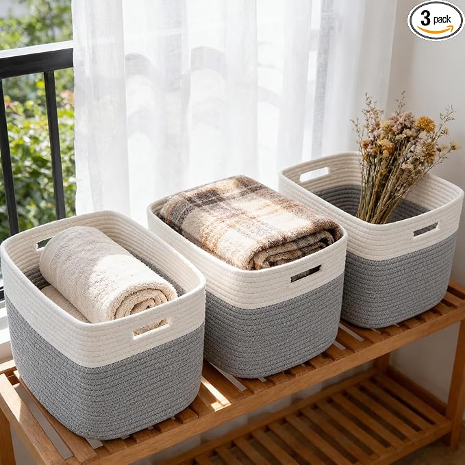 3 Pack Woven Baskets,Storage Baskets for Shelves with Handles | 13.5"×11"×9.5", Closet Baskets, Nursery Organizer for Toys Towels Books, Storage Bin for Living Room Bedroom (White & Grey)