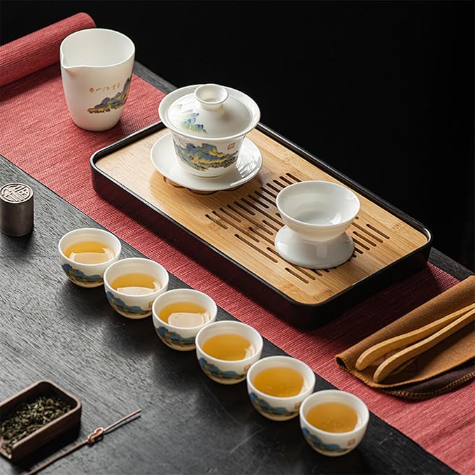 LURRIER Gongfu tea sets, Portable Ceramic TeaSet, Asian Tea sets for adult, Tea Gift sets, Grey leather case, Portable Travel Bag,Home,Gifting,Outdoor and Office(White Jade Thouand Mile and Mountain)