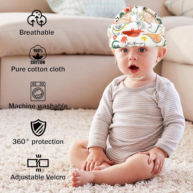 Baby Head Protector Baby Helmet for Crawling Walking, No Bumps Safety Head Adjustable Protective Cap for Walking, Playing - Red Dinosaur