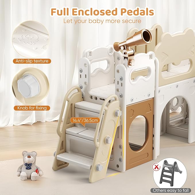 Toddler Slide Indoor, 8 in 1 Indoor Playground for Kids 1-3 Toddler Playset with Climber, Basketball Hoop, Tunnel and Storage Space Kids Outdoor Slide Playset (Coffee)