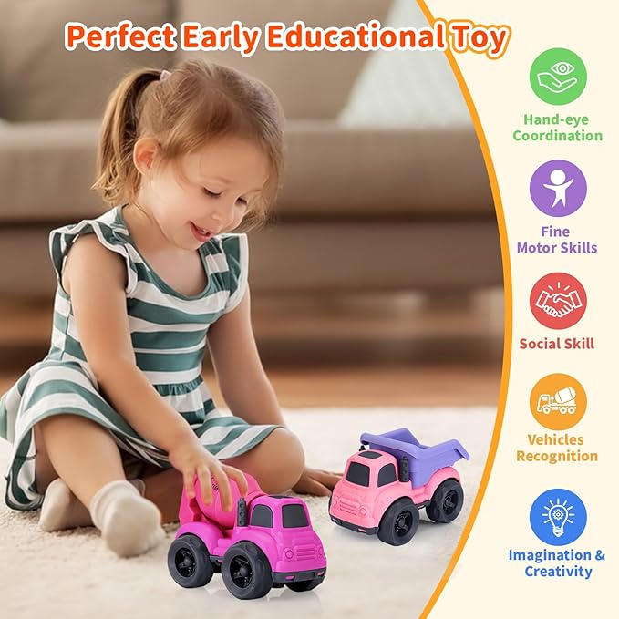 Toddler Toys for 2 Year Old Girl, Dump Truck Toys and Mixer Cement, BPA Free, Phthalates Free, PVC, Outdoor Toys for Toddlers 2-3, Ideal Toy Cars for 2 3 4 Year Old Girls Christmas Birthday Gift