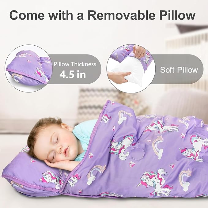 Primlect Thickened Toddler Nap Mat with Removable Pillow and Minky Blanket, Extra Large 55''x35'' Sleeping Bag, Washable, Roll up, Perfect for Daycare, Preschool, Kindergarten, Boys and Girls Purple