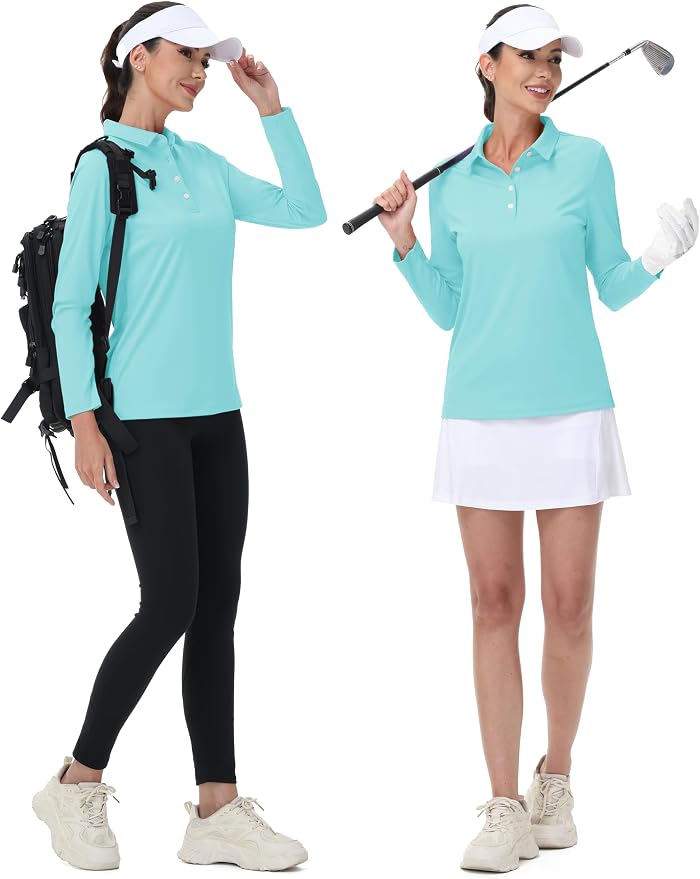 MAGCOMSEN Long Sleeve Polo Shirts for Women Golf Tops with Collar Work | UPF 50+ Sun Protection, 4 Buttons, Moisture Wicking, Breathable, 4-Way Stretch, Collared, Quick Dry, Active, Casual, Tennis