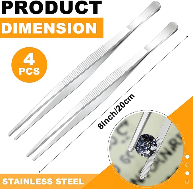 Yaomiao 4 Packs Bar Tweezers Long Garnish Tongs Bar Tweezers Stainless Steel Korean Bbq Tongs for Bartender Cocktail Cooking Food(Silver,8 Inch)