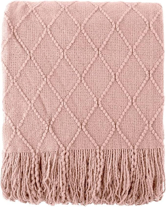 BATTILO HOME Blush Throw Blanket with Tassels, Pink Knit Blanket for Home Decor, Boho Style Textured Knitted Decorative Blanket for Couch, Sofa &Bed, 50"x60"