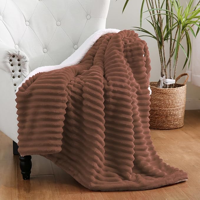 Chocolate Sherpa Fleece Throw Blanket 50”×60” for Couch Sofa Bed | Double Side Soft Fuzzy Cozy Plush Thick Flannel Blanket with Striped Design Gift for Adults,Woman