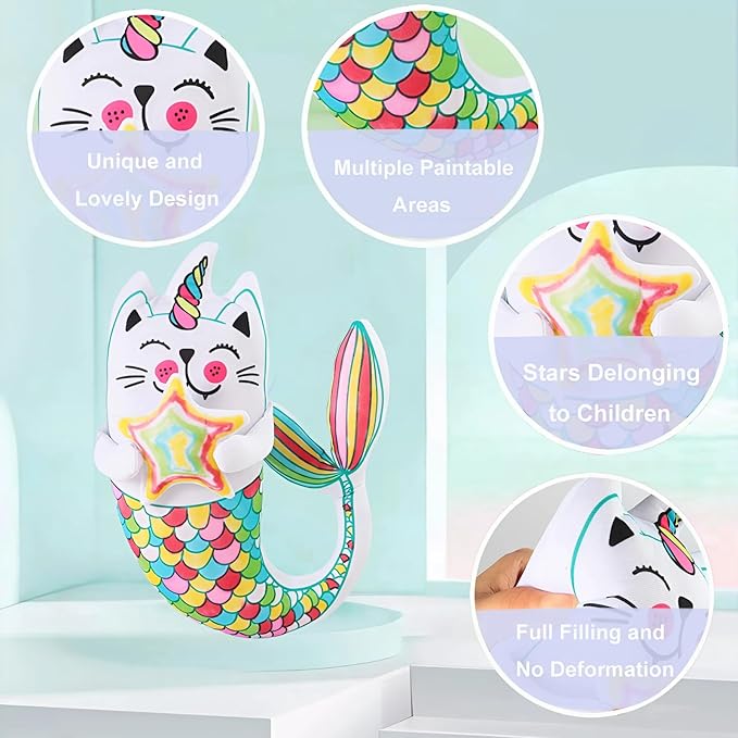 Coloring Plush Toy with 5 Washable Markers for Little Girls Doodle Dolls for Kids Ages 4-6 Birthday Christmas Presents (Fish Cat)