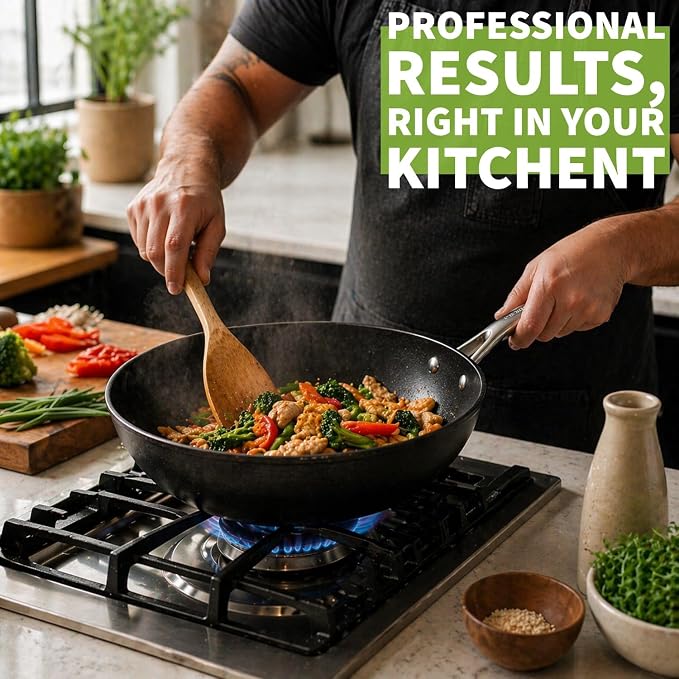 TECHEF - Onyx Collection, 12" Nonstick Flat Bottom Wok/Stir-Fry Pan with Glass Lid, PFOA Free, Dishwasher and Oven Safe, Made in Korea