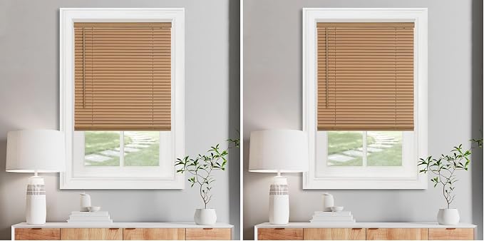 Cordless Light Filtering Mini Blind - 25 Inch Width, 64 Inch Length, 1" Slat Size - Woodtone - Cordless GII Morningstar Horizontal Windows Blinds for Interior by Achim Home Decor (Pack of 2)