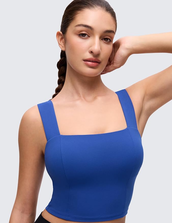 CRZ YOGA Butterluxe Wide Straps Square Neck Crop Tank Tops for Women - Padded Workout Yoga Longline Sports Bras