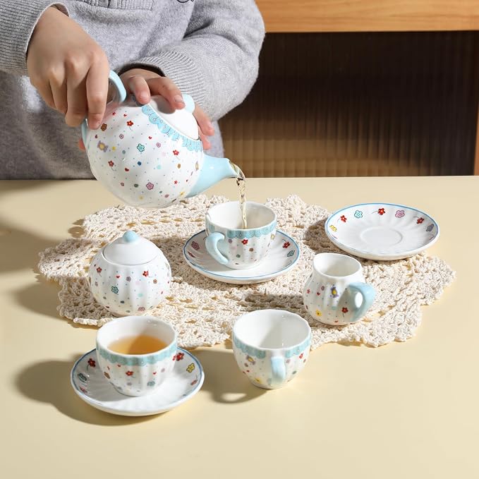 Sweejar Porcelain Tea Set for Little Girls,Kitchen Toys Tea Party Set for Kids Toddler Kitchen Pretend Toy Include Children Teapot, Cup & Saucer Set of 4, Sugar Bowl and Cream Pitcher(Sweet)