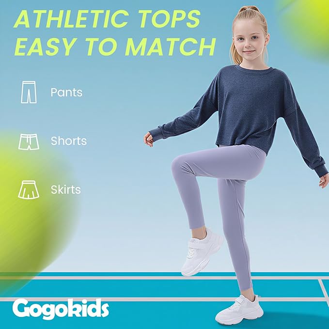 Gogokids Girls Shirts Long Sleeve Athletic Shirts Open Back Tops Active Sports Tshirts Yoga Workout Crop Tees 5-14 Years