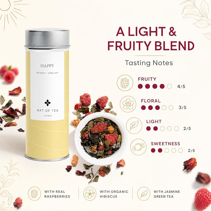 Art of Tea Happy Tea 2oz Loose Leaf Green Tea Tin, Fruity Jasmine Green Tea with Raspberry & Hibiscus, Premium Loose Leaf Tea for Natural Energy Support