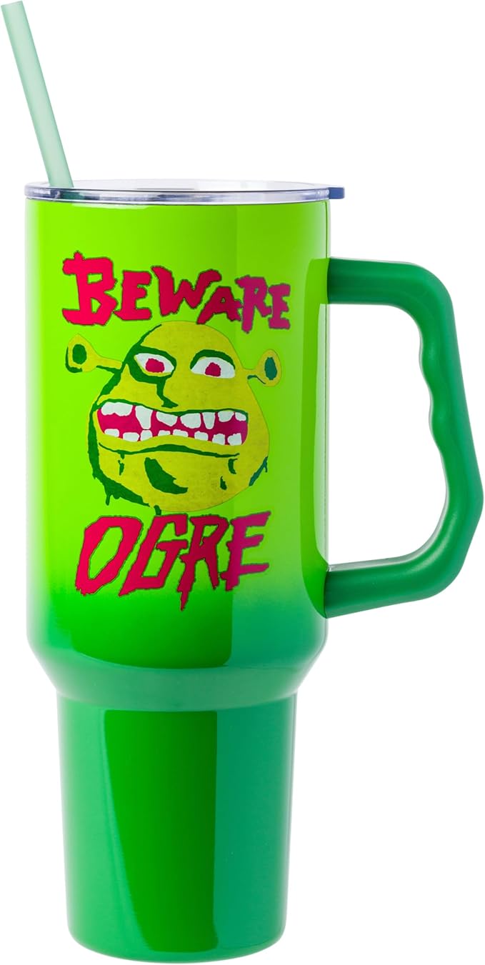 Silver Buffalo Shrek Beware Ogre Double Walled Stainless Steel Tumbler with Handle and Straw, Fits in Standard Cup Holder, 40 Ounces