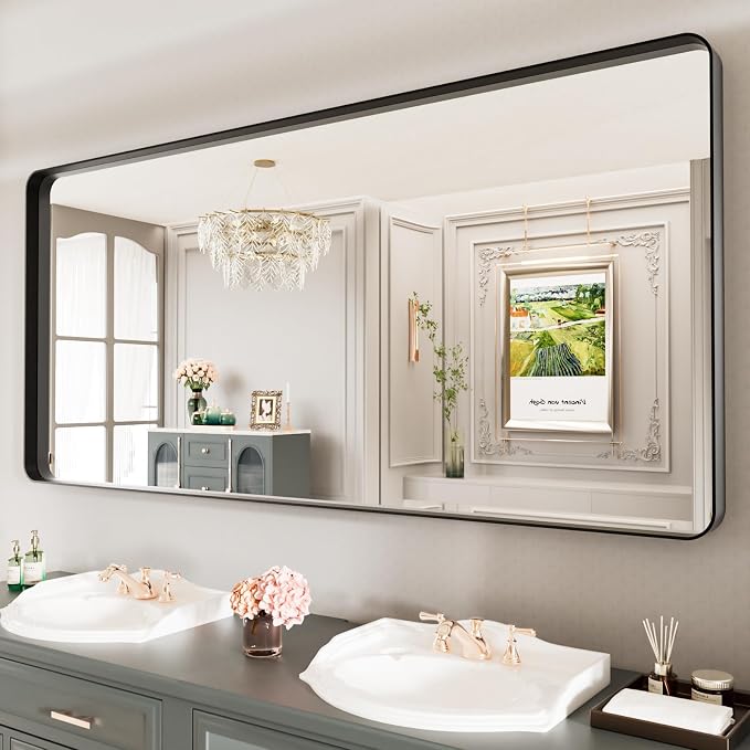 LOAAO 77X36 Inch Black Metal Framed Bathroom Mirror | Matte Black Bathroom Vanity Mirror, Rounded Rectangle, Anti-Rust, Tempered Glass, Hangs Horizontally or Vertically