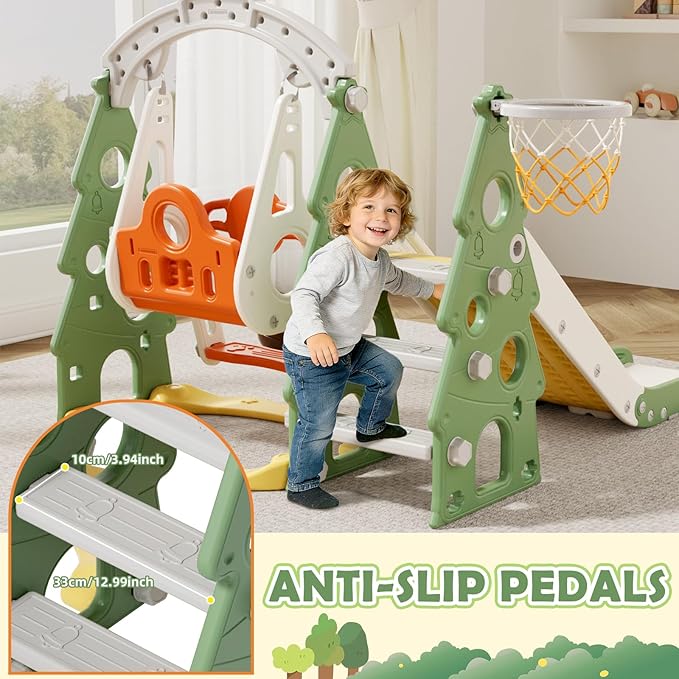 KORIMEFA 4-in-1 Kids Slide and Swing Set, Toddler Slide with Basketball Hoop, Swing, Outdoor Indoor Playground for Toddlers 1-3 Pine Shape Design(4 in 1-Green)