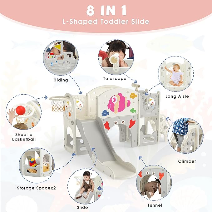 NYEEKOY 8-in-1 Toddler Slide, Toddler Playground, Suitable for Indoor Slides for Toddlers 1-3, with Climber, Basketball Hoop, and Tunnel, Rose Pink Fish