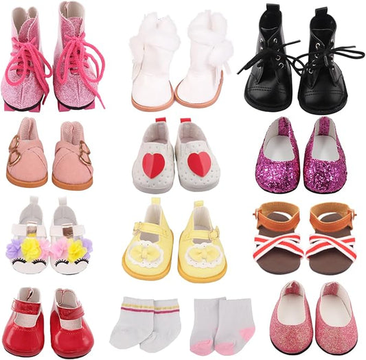 7 Pairs of 18 Inch Doll Shoes ( Random from 20) and 2 Pairs of Doll Socks Accessories Fit American Dolls
