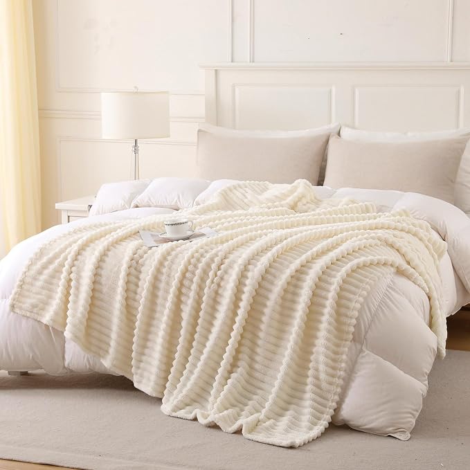 Beige Throw Blanket for Couch Sofa 60”x80” Striped Design