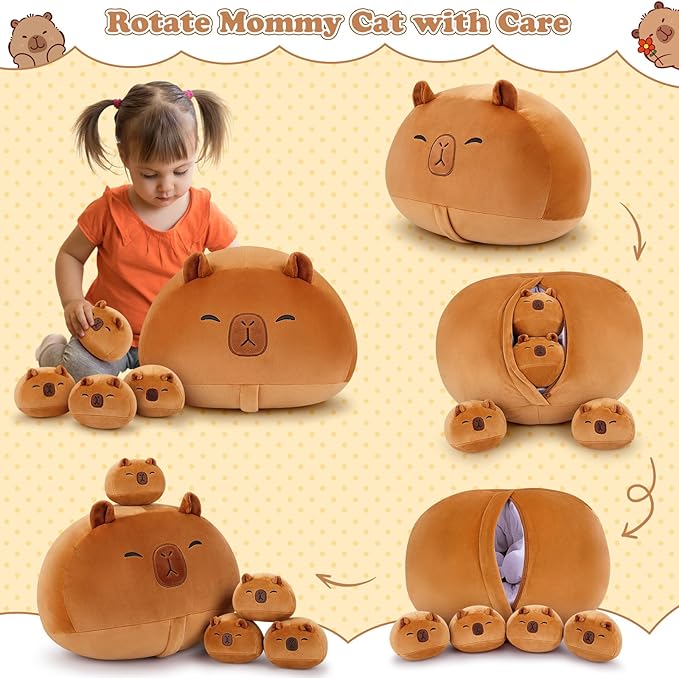 5 PCS Capybara Plush Stuffed Animal Family-19" Large Round Capybara Plush, Large Mommy Plushies with 4 Baby Plushie Toy for Kids, Kawaii Body Pillow Christmas Birthday Gifts for Kids Boys Girls