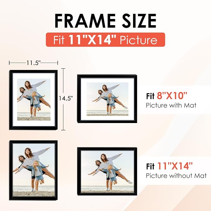 11x14 Picture Frame Set of 6, Black Photo Frames Bulk with HD Plexiglass, Display Pictures 8x10 with Mat or 11x14 Without Mat, Multi Picture Frames Collage for Wall Decor