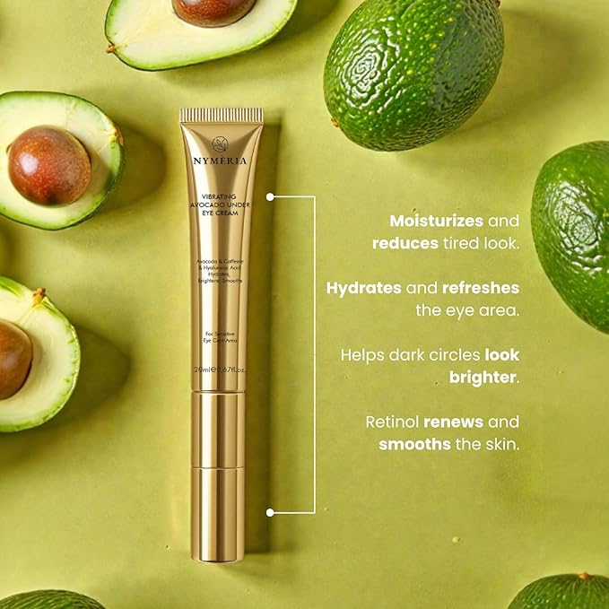 NYMERIA Vibrating Avocado Under Eye Cream – Cooling Metal Tip Eye Cream with Caffeine & Hyaluronic Acid, Brightening & Hydrating Formula for Puffiness, Dark Circles & Fine Lines, 0.67 fl oz / 20 ml