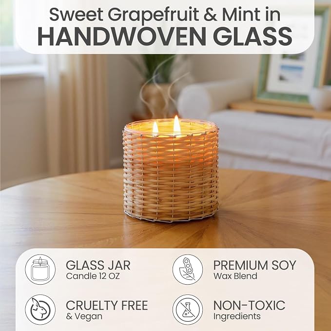 Grapefruit Pomelo Scented Candle – 12oz Luxury Soy Wax, 2-Wick in Handwoven Glass Jar, Sweet Grapefruit, Juicy Peach, Mint and Cassis Buds - 75+ Hour Clean Burn, Made in USA