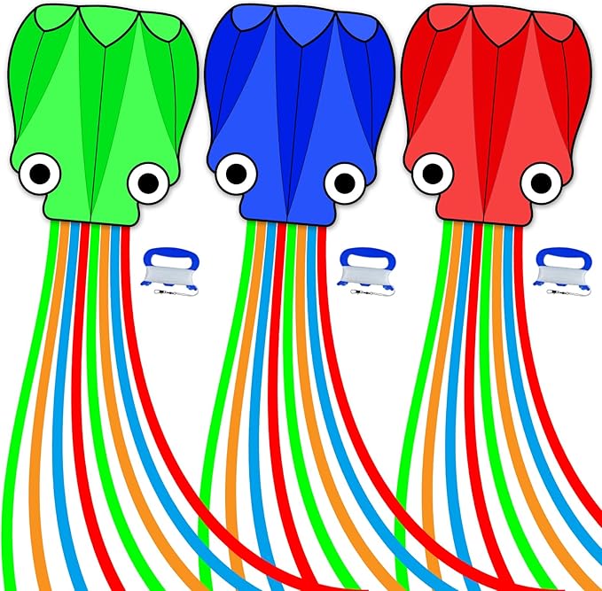 SGftre 3 Piece Set Octopus Kites for Kids and Adults，Easy to Fly for Outdoor Adults Children Line Kite for Kids Toy (Octopus red Blue Green 3-piece Set, 3)