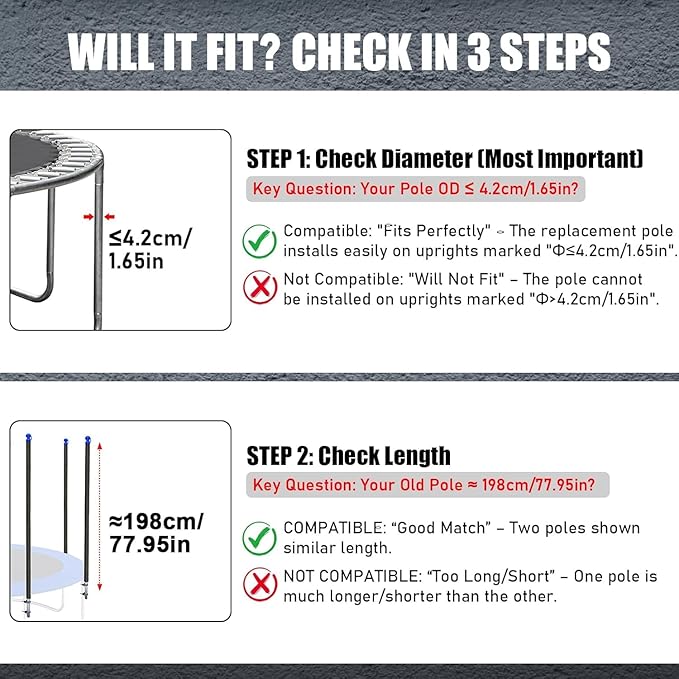 TOBWOLF Trampoline Poles Replacement, Universal Trampoline Replacement Enclosure Poles with Safety Foam Sleeves, Fits 12-16FT Trampolines