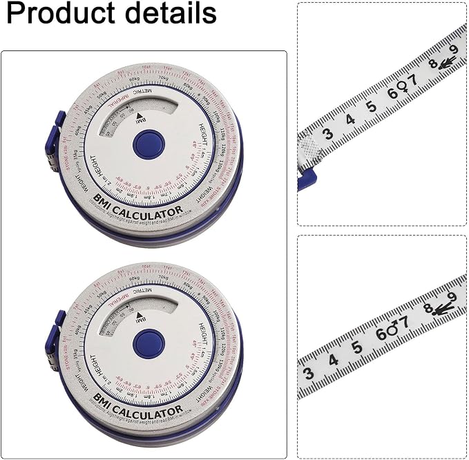 2-Pack BMI Body Mass Index Tape Measure, Retractable Calculator Ruler for Diet Weight Loss, Waist Hip Arm Thigh Body Measuring Tool, Easy Lock Button, 200cm/79in, Blue